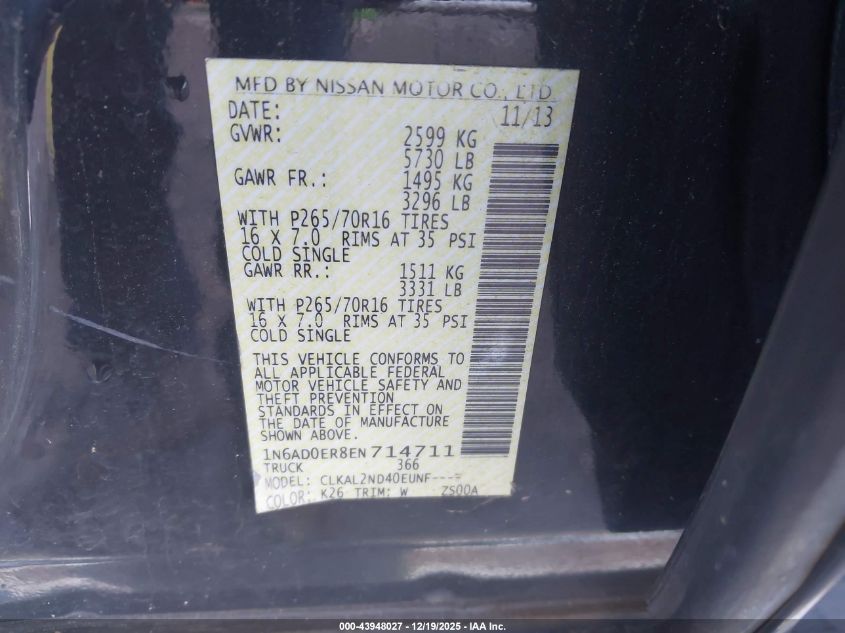 2014 Nissan Frontier Sv VIN: 1N6AD0ER8EN714711 Lot: 43948027