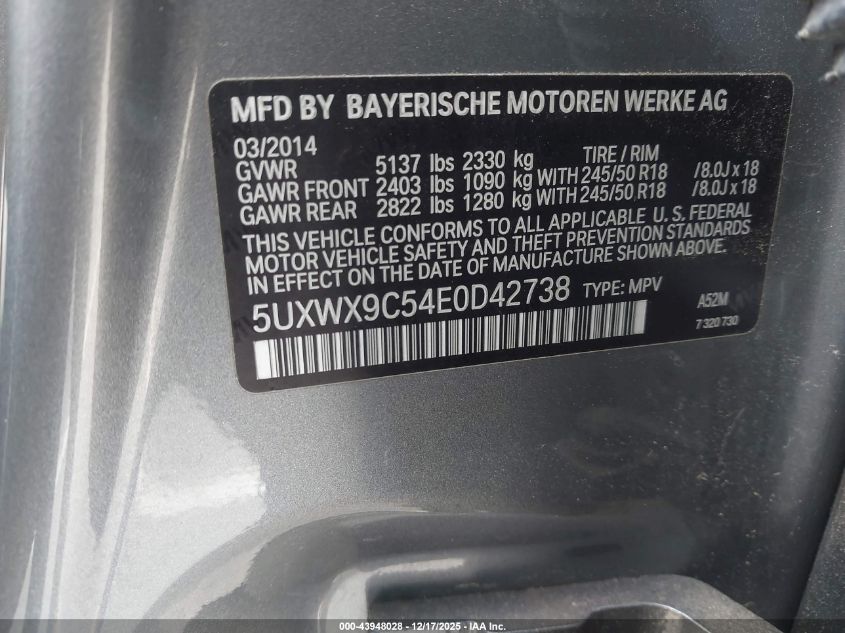 2014 BMW X3 xDrive28I VIN: 5UXWX9C54E0D42738 Lot: 43948028