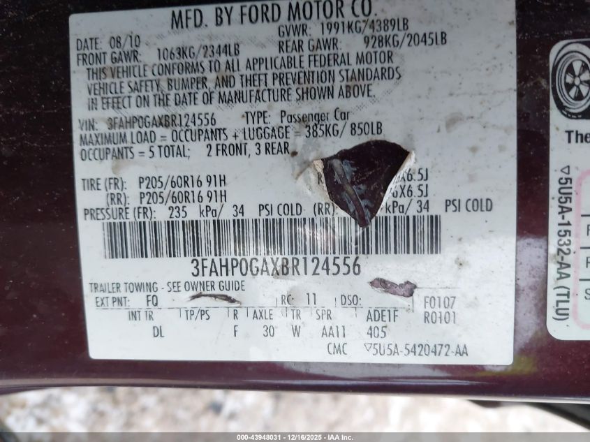 2011 Ford Fusion S VIN: 3FAHP0GAXBR124556 Lot: 43948031