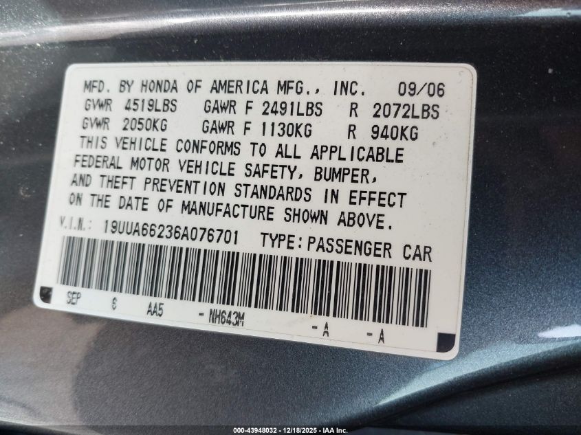 2006 Acura Tl VIN: 19UUA66236A076701 Lot: 43948032