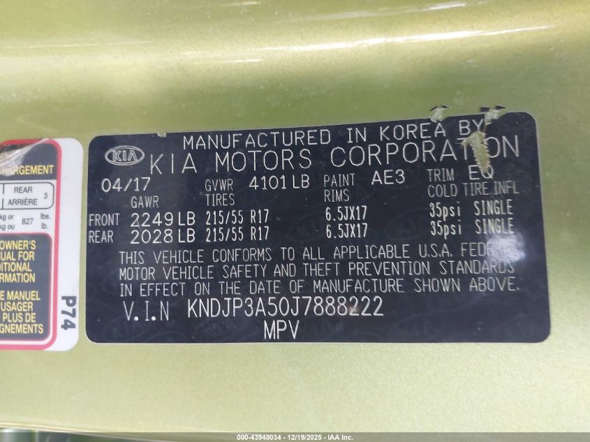 2018 Kia Soul + VIN: KNDJP3A50J7888222 Lot: 43948034