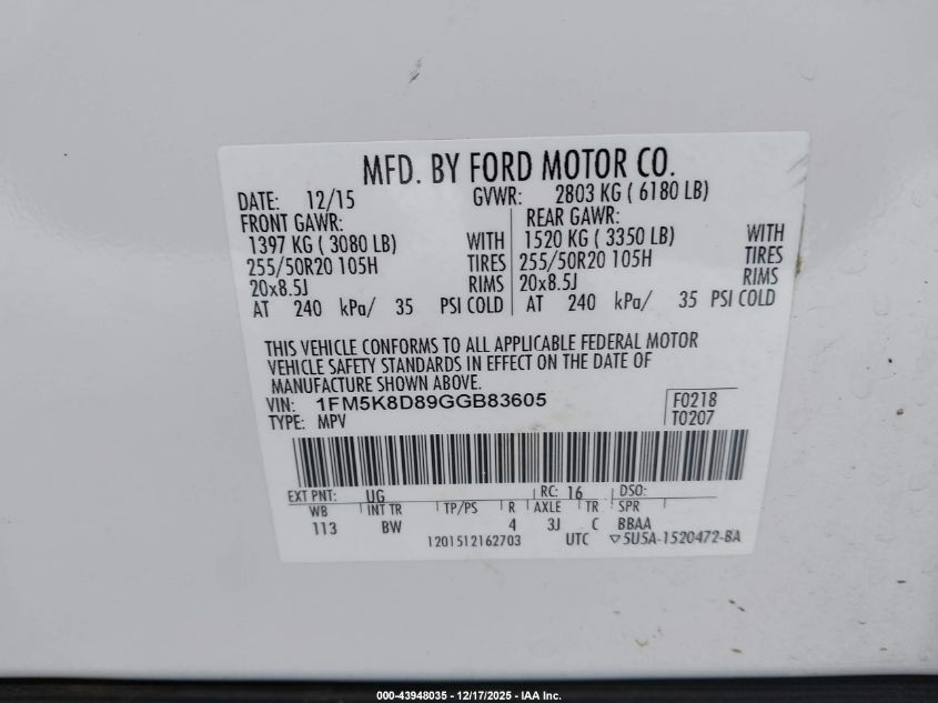 2016 Ford Explorer Xlt VIN: 1FM5K8D89GGB83605 Lot: 43948035