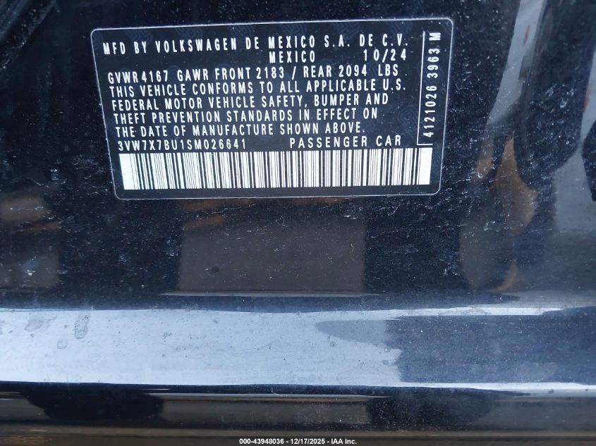 2025 Volkswagen Jetta 1.5T Se VIN: 3VW7X7BU1SM026641 Lot: 43948036