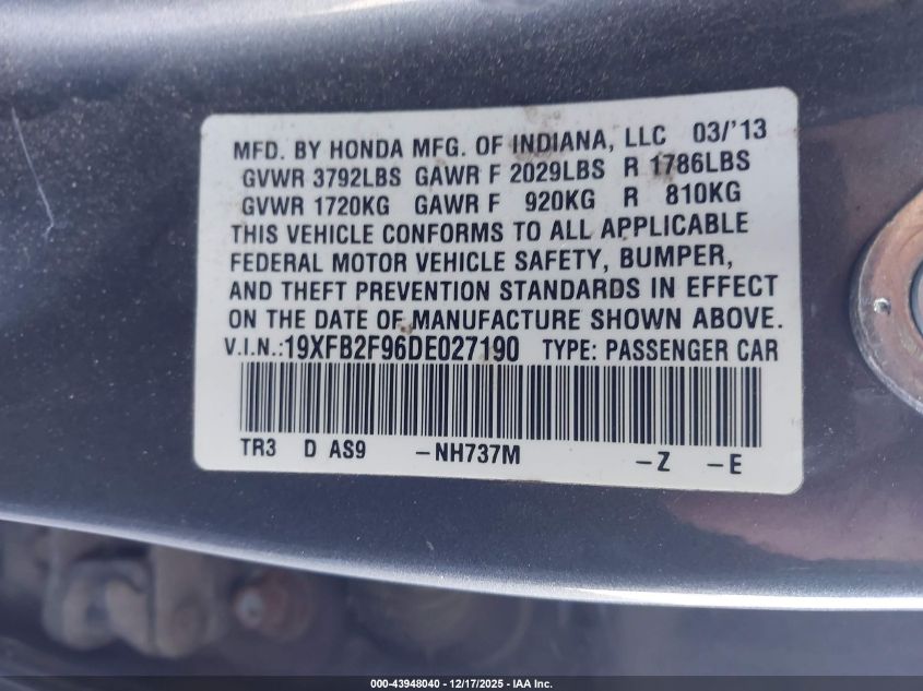 2013 Honda Civic Ex-L VIN: 19XFB2F96DE027190 Lot: 43948040