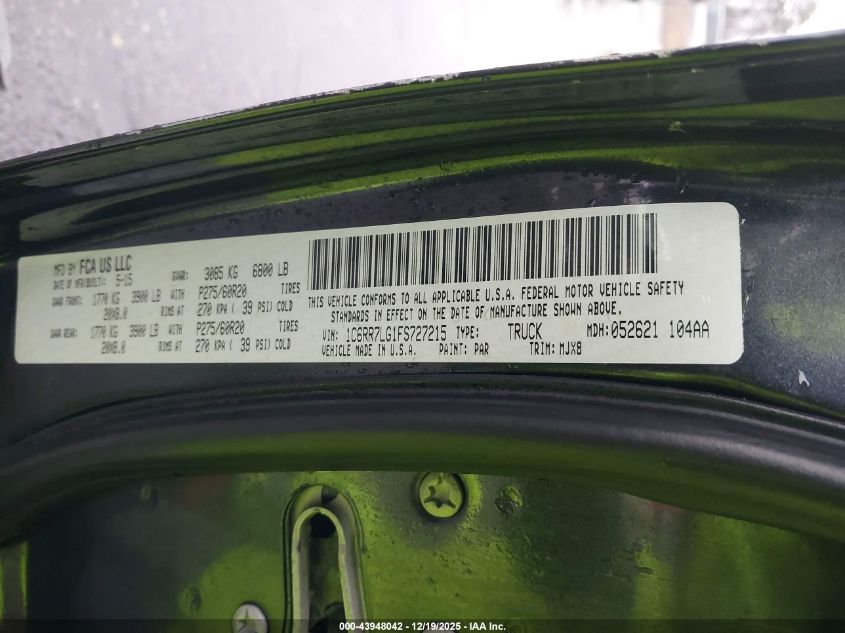 2015 Ram 1500 Big Horn VIN: 1C6RR7LG1FS727215 Lot: 43948042