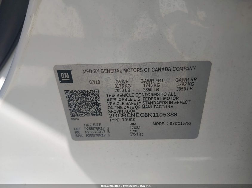 2019 Chevrolet Silverado 1500 Ld Wt VIN: 2GCRCNEC8K1105388 Lot: 43948043