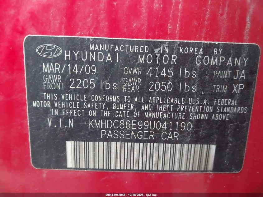 2009 Hyundai Elantra Touring VIN: KMHDC86E99U041190 Lot: 43948045