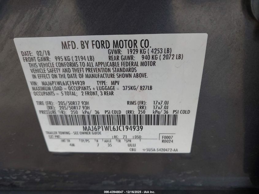 2018 Ford Ecosport Titanium VIN: MAJ6P1WL6JC194939 Lot: 43948047