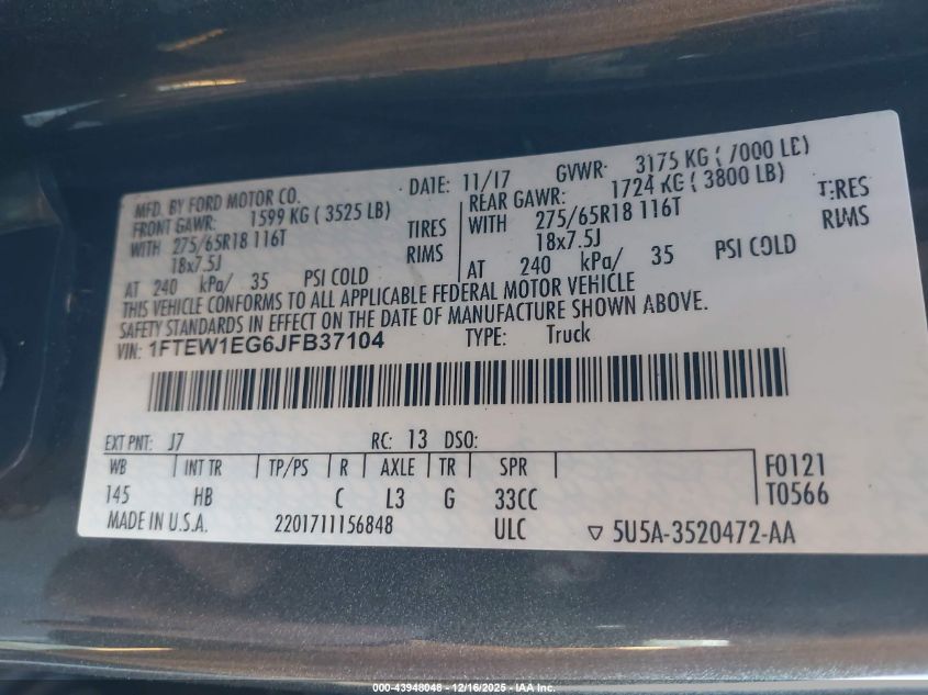 2018 Ford F-150 Lariat VIN: 1FTEW1EG6JFB37104 Lot: 85208115