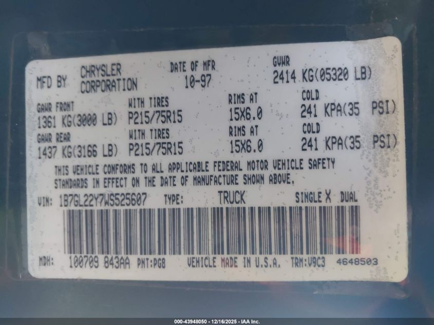 1998 Dodge Dakota Slt/Sport VIN: 1B7GL22Y7WS525607 Lot: 43948050