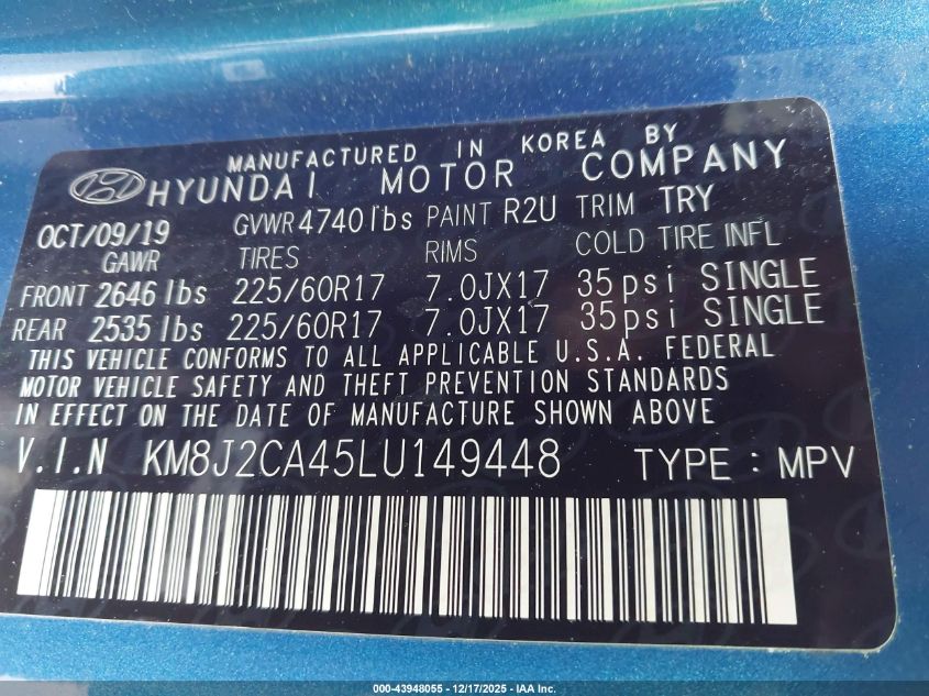 2020 Hyundai Tucson Se VIN: KM8J2CA45LU149448 Lot: 43948055