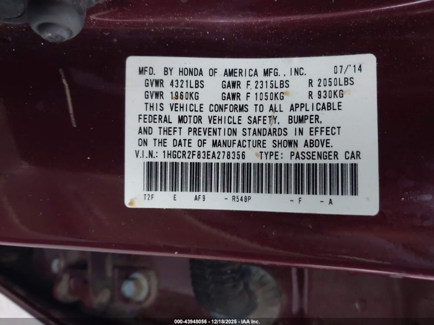 2014 Honda Accord Ex-L VIN: 1HGCR2F83EA278356 Lot: 43948056