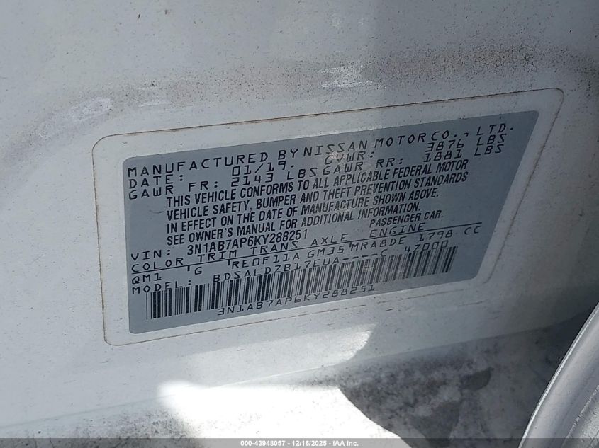 2019 Nissan Sentra Sv VIN: 3N1AB7AP6KY288251 Lot: 43948057