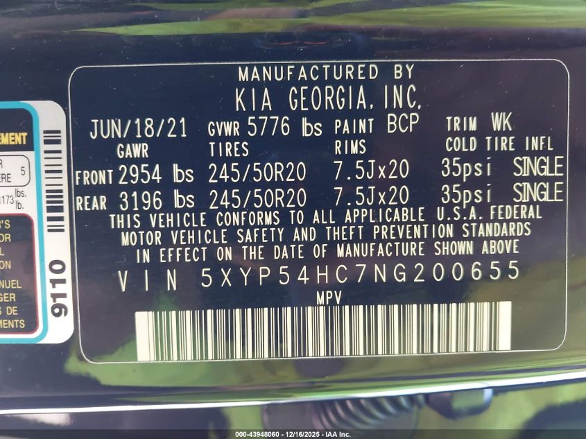 2022 Kia Telluride Sx VIN: 5XYP54HC7NG200655 Lot: 43948060