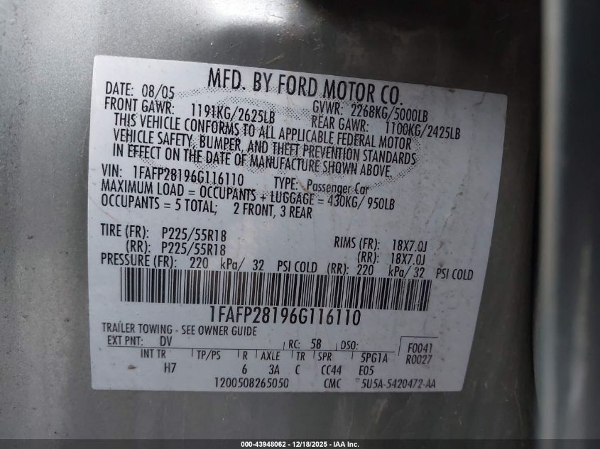 2006 Ford Five Hundred Limited VIN: 1FAFP28196G116110 Lot: 43948062