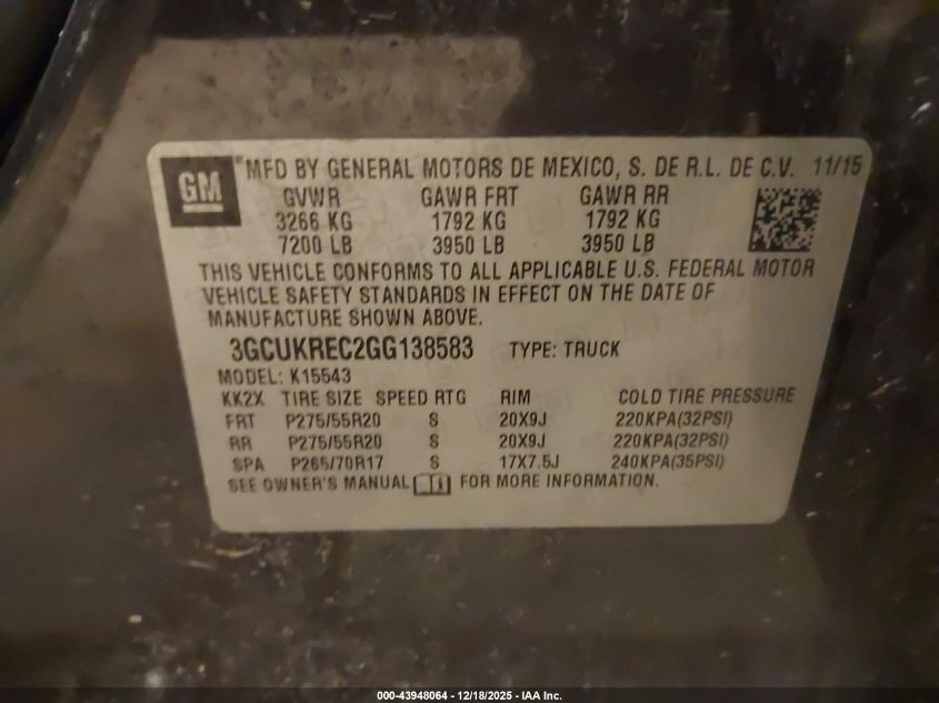2016 Chevrolet Silverado 1500 1Lt VIN: 3GCUKREC2GG138583 Lot: 43948064