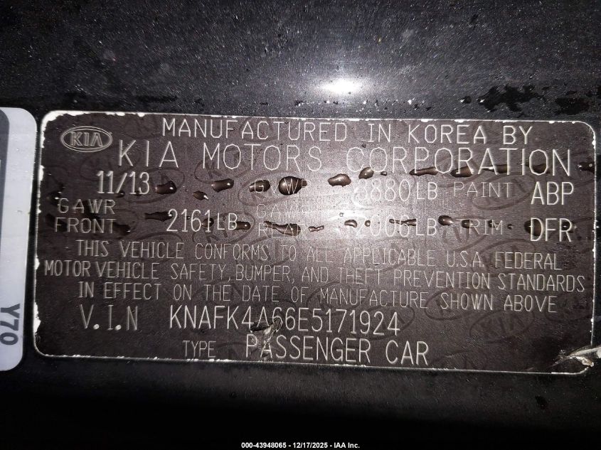2014 Kia Forte Lx VIN: KNAFK4A66E5171924 Lot: 43948065