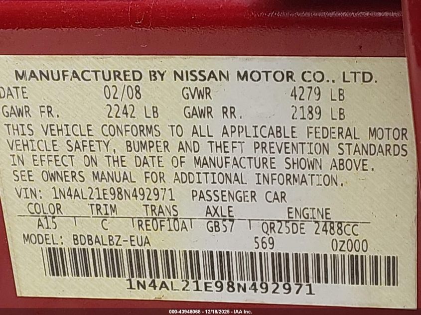 2008 Nissan Altima 2.5 S VIN: 1N4AL21E98N492971 Lot: 43948068