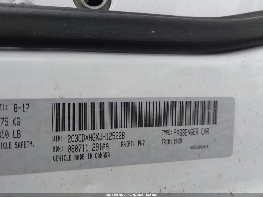 2018 Dodge Charger Sxt Plus Rwd VIN: 2C3CDXHGXJH125228 Lot: 43948070