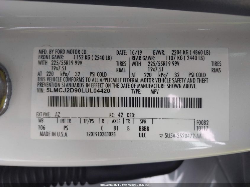 2020 Lincoln Corsair Reserve VIN: 5LMCJ2D90LUL04420 Lot: 43948071