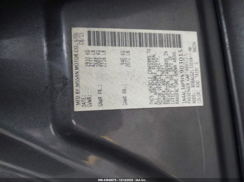 2015 Nissan Altima 2.5 S VIN: 1N4AL3AP9FN903015 Lot: 43948075