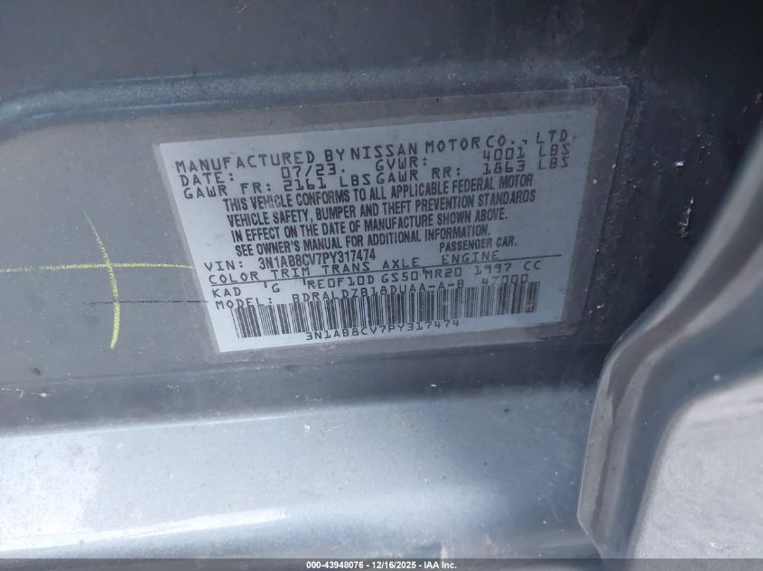 2023 Nissan Sentra Sv Xtronic Cvt VIN: 3N1AB8CV7PY317474 Lot: 43948076