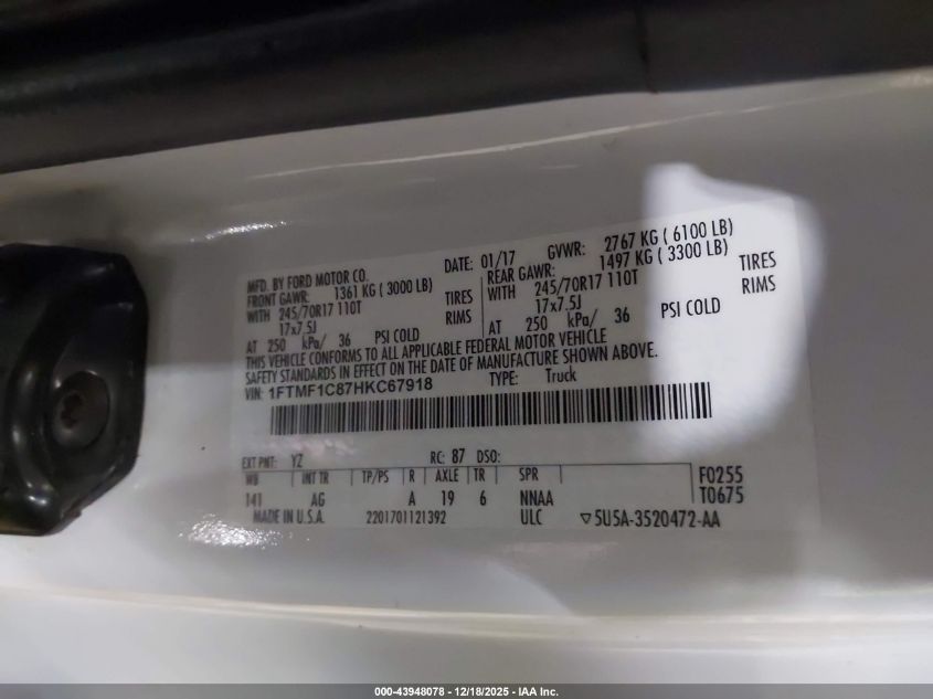 2017 Ford F-150 Xl VIN: 1FTMF1C87HKC67918 Lot: 43948078