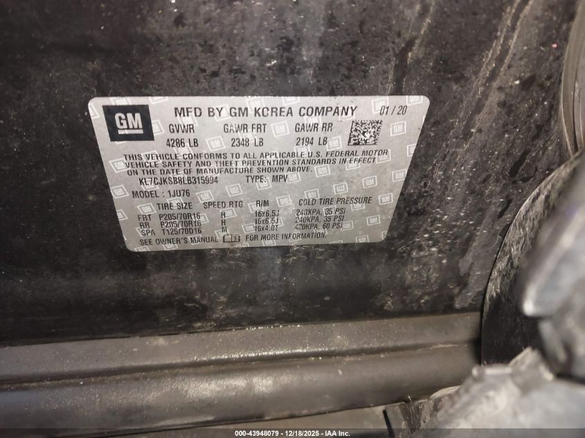 2020 Chevrolet Trax Fwd Ls VIN: KL7CJKSB8LB315994 Lot: 43948079