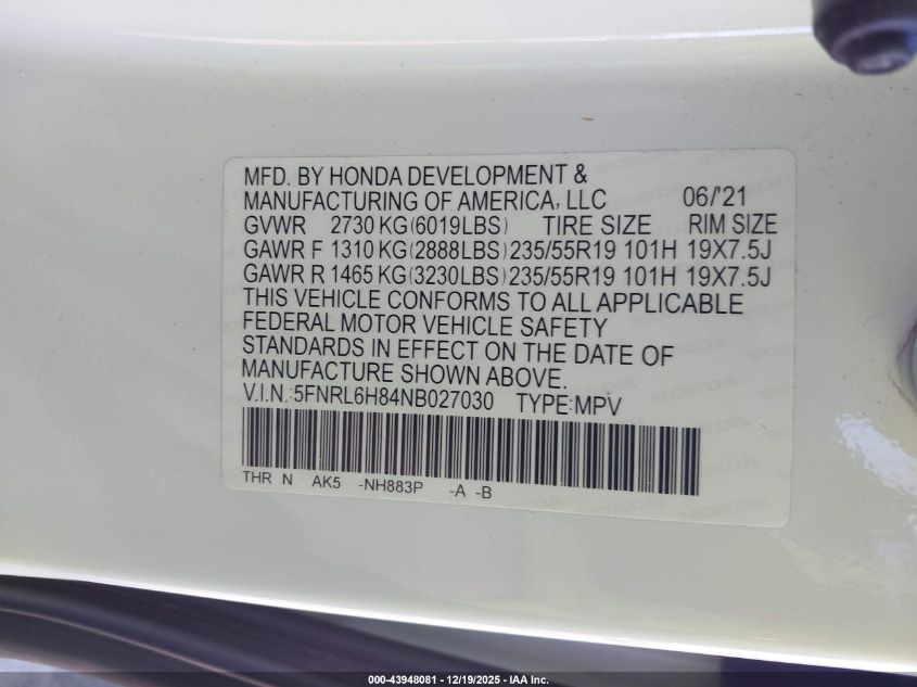 2022 Honda Odyssey Touring VIN: 5FNRL6H84NB027030 Lot: 43948081