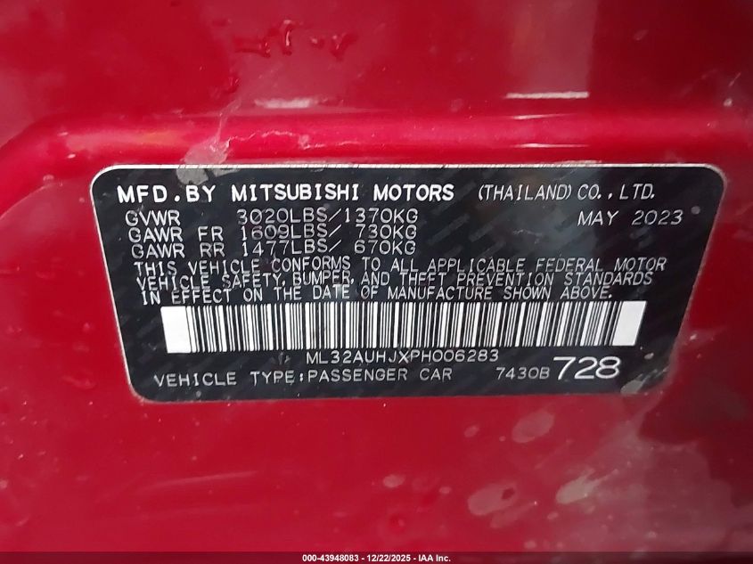 2023 Mitsubishi Mirage Le VIN: ML32AUHJXPH006283 Lot: 43948083