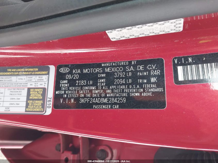 2021 Kia Forte Lxs VIN: 3KPF24AD8ME284259 Lot: 96711695