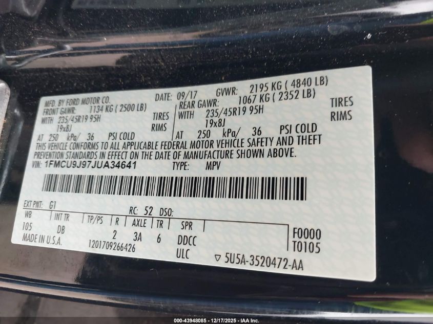 2018 Ford Escape Titanium VIN: 1FMCU9J97JUA34641 Lot: 43948085