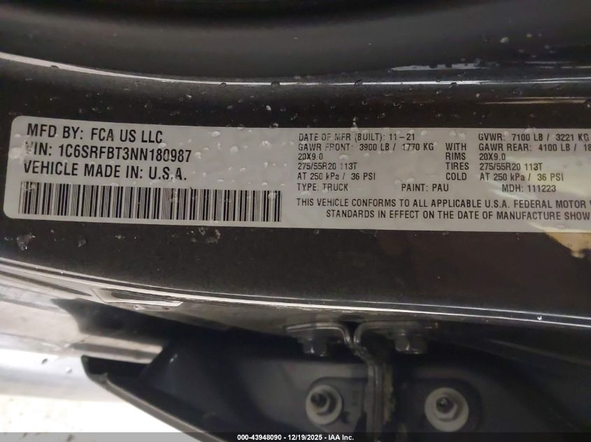 2022 Ram 1500 Big Horn 4X4 6'4 Box VIN: 1C6SRFBT3NN180987 Lot: 43948090