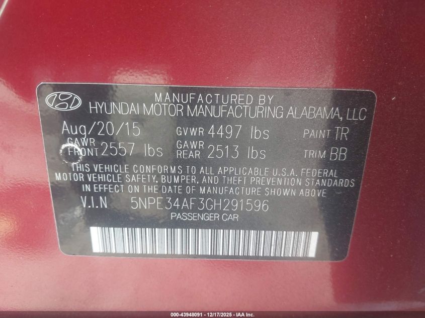 2016 Hyundai Sonata Sport VIN: 5NPE34AF3GH291596 Lot: 43948091