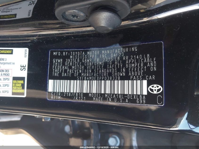 2023 Toyota Corolla Le VIN: 5YFB4MDEXPP038328 Lot: 43948092