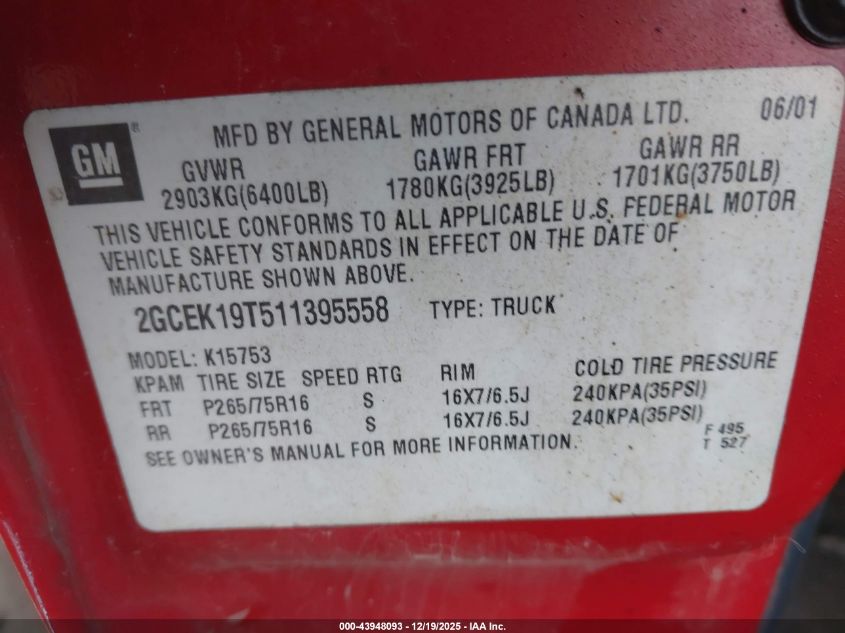 2001 Chevrolet Silverado 1500 Ls VIN: 2GCEK19T511395558 Lot: 43948093