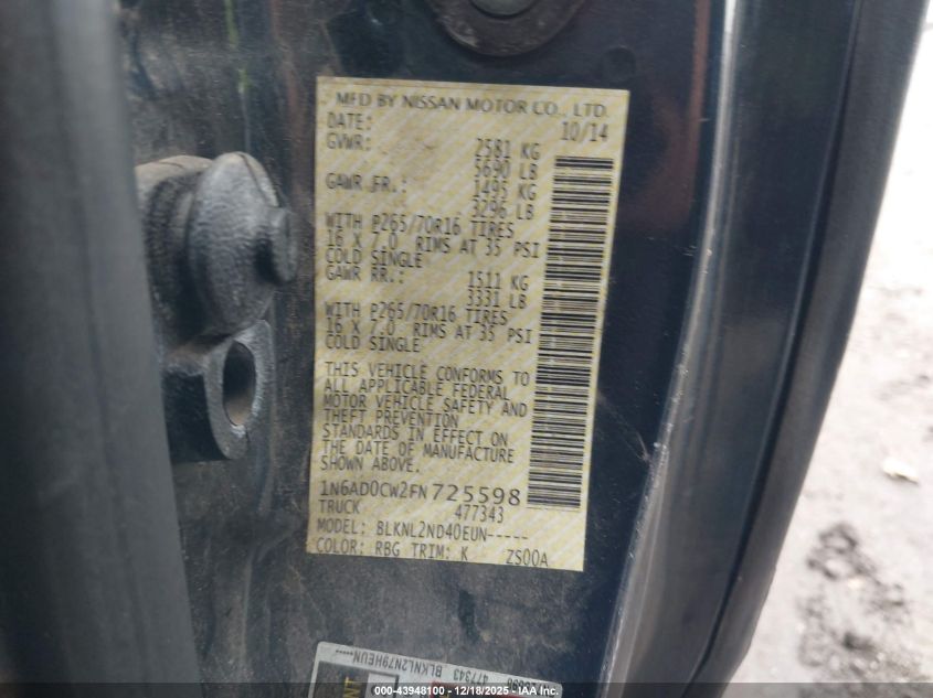 2015 Nissan Frontier Sv VIN: 1N6AD0CW2FN725598 Lot: 43948100