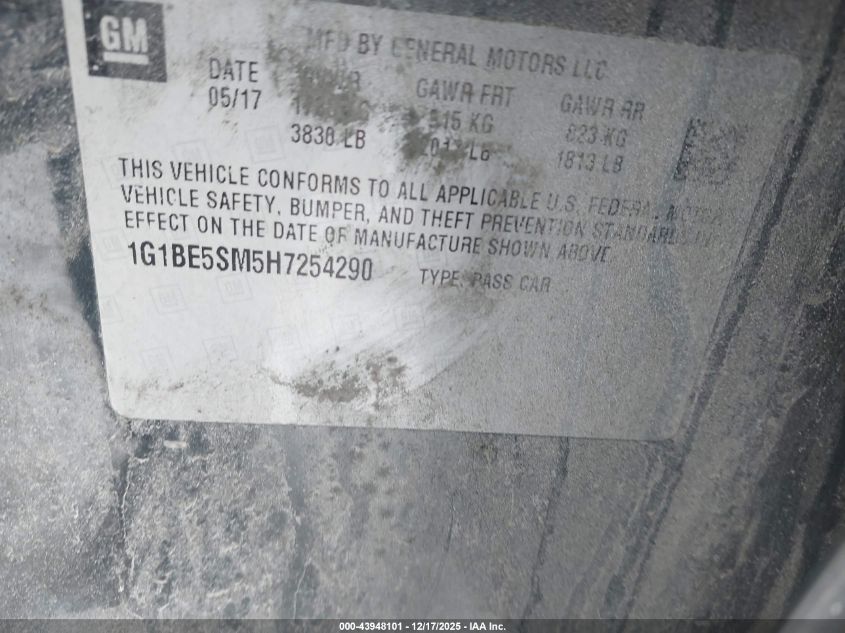 2017 Chevrolet Cruze Lt Auto VIN: 1G1BE5SM5H7254290 Lot: 43948101