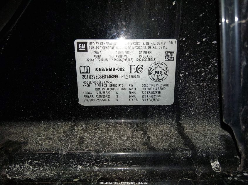 2014 GMC Sierra 1500 Slt VIN: 3GTU2VEC3EG145399 Lot: 43948102