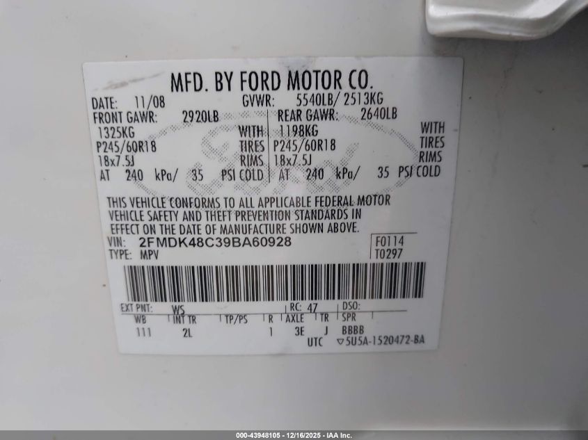 2009 Ford Edge Sel VIN: 2FMDK48C39BA60928 Lot: 43948105