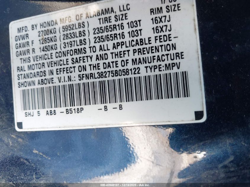 2005 Honda Odyssey Lx VIN: 5FNRL38275B058122 Lot: 43948107
