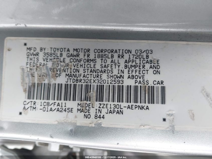 2003 Toyota Corolla Le VIN: JTDBR32EX32012593 Lot: 43948108