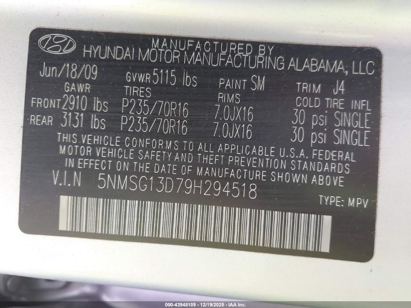 2009 Hyundai Santa Fe Gls VIN: 5NMSG13D79H294518 Lot: 43948109