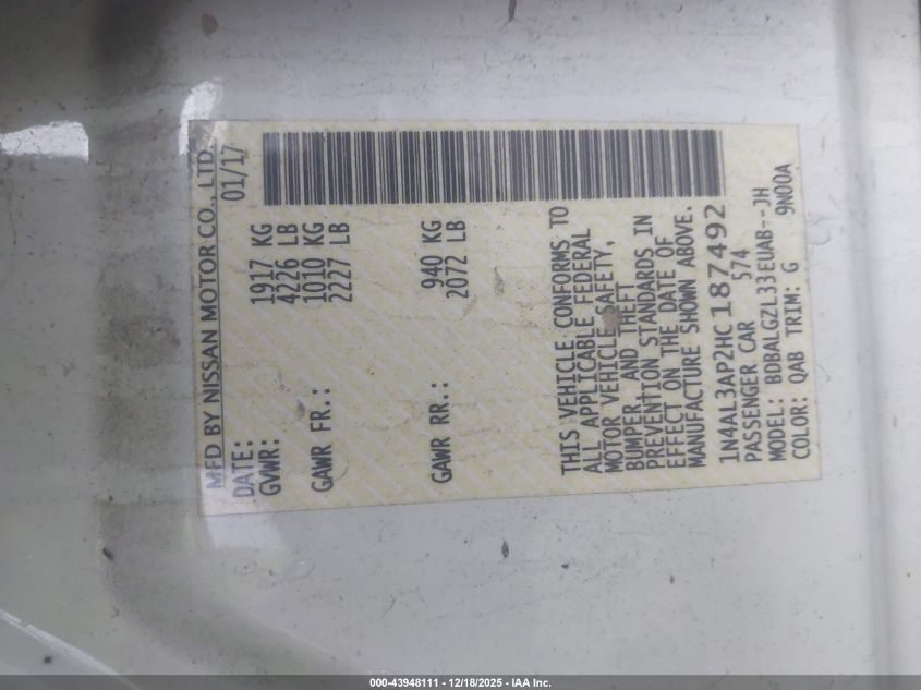 2017 Nissan Altima 2.5 S VIN: 1N4AL3AP2HC187492 Lot: 43948111