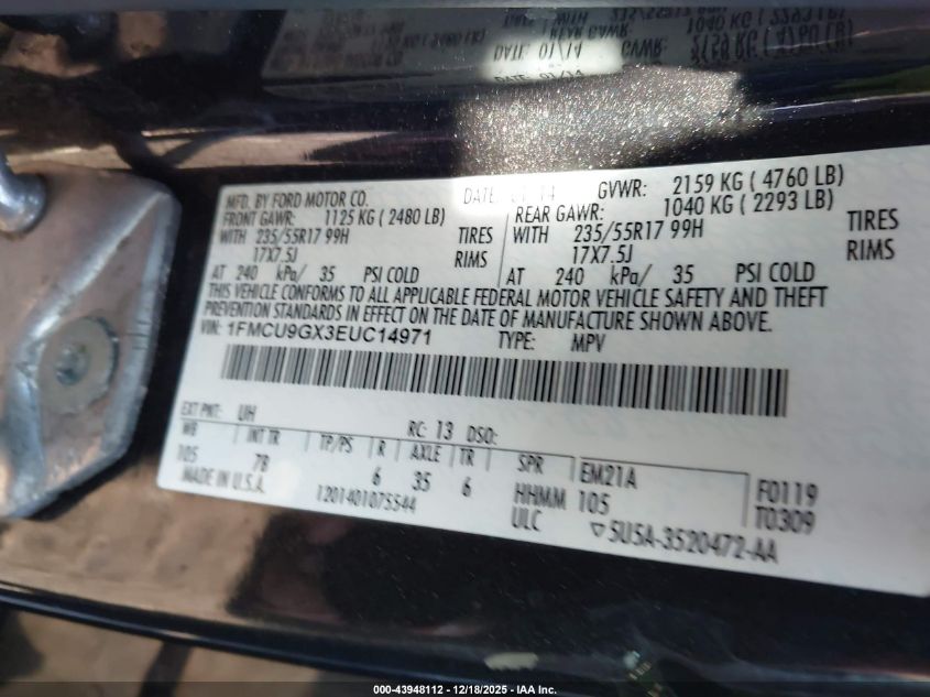 2014 Ford Escape Se VIN: 1FMCU9GX3EUC14971 Lot: 43948112