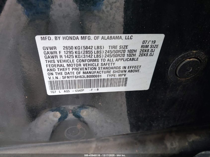 2020 Honda Pilot Awd Touring 7 Passenger VIN: 5FNYF6H63LB000691 Lot: 43948116