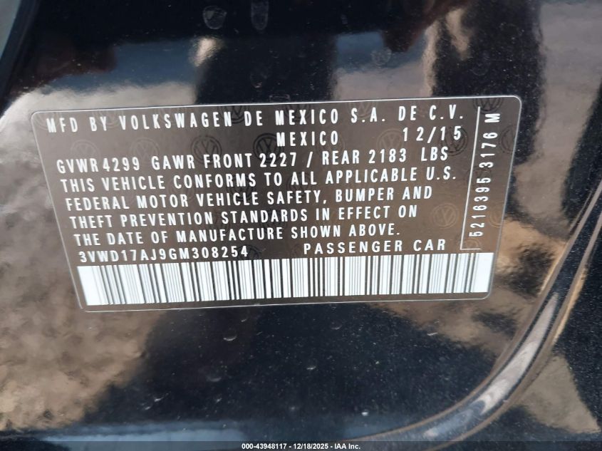 2016 Volkswagen Jetta 1.8T Sport VIN: 3VWD17AJ9GM308254 Lot: 43948117