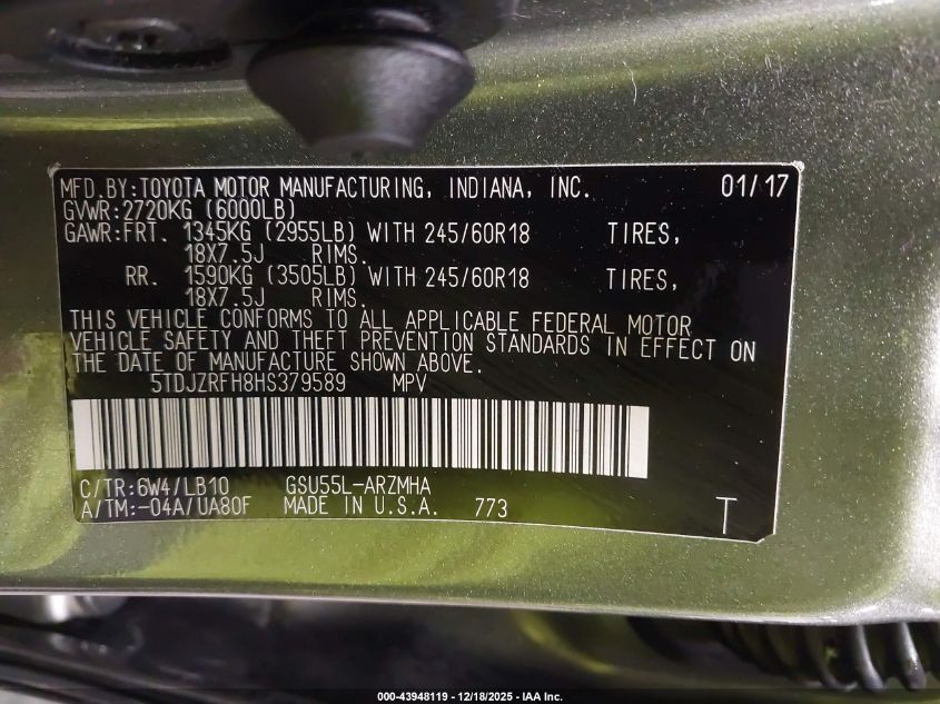 2017 Toyota Highlander Xle VIN: 5TDJZRFH8HS379589 Lot: 43948119