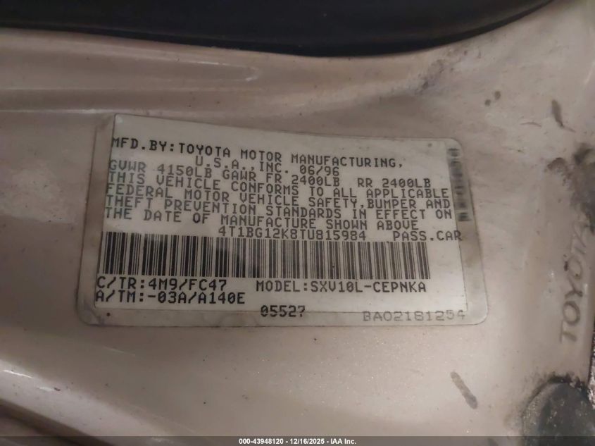 1996 Toyota Camry Dx/Le/Xle VIN: 4T1BG12K8TU815984 Lot: 43948120