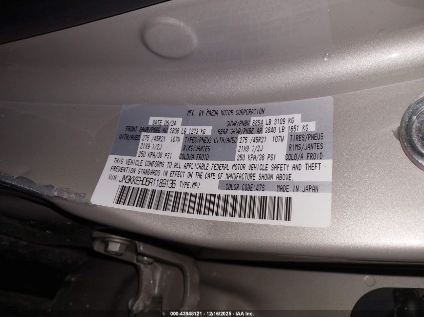 2024 Mazda Cx-90 3.3 Turbo Premium Plus VIN: JM3KKEHD5R1189136 Lot: 43948121